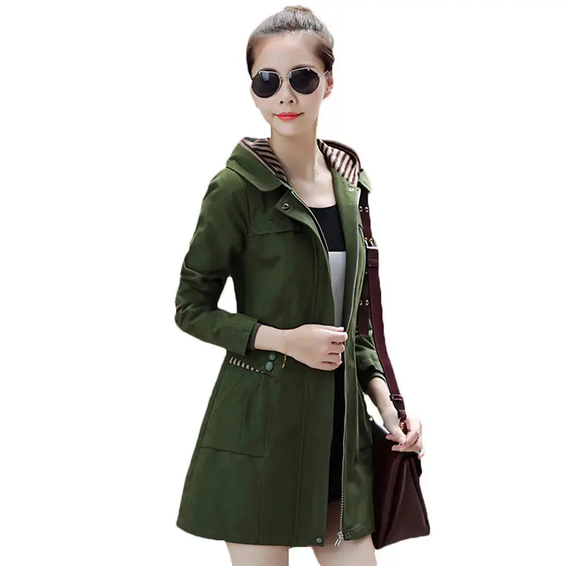Стиль ветровка пальто весна осень Женское пальто с капюшоном корейский Тонкий длинный Тренч пальто размера плюс пальто а307 - Цвет: armygreen