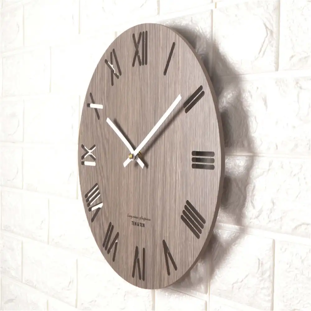 

14 Inch Harajuku Minimalist Wood Wall Clock Livingroom Retro Rome Number Clock Personality Hollow Out Clock for Home Decor