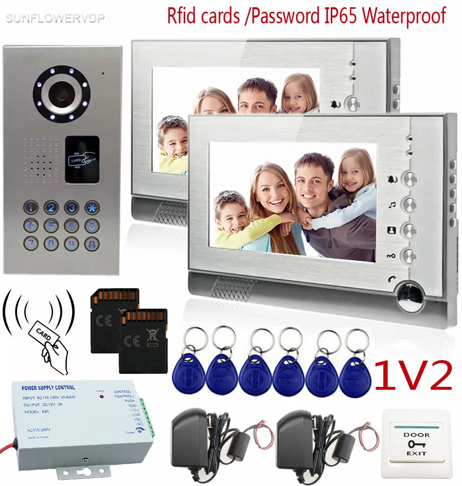 

SUNFLOWERVDP Video Intercom With Recording IP65 Waterproof Rfid Card/Code CCD 700TVL Intercom System 8GB SD Card 7" Color Lcd