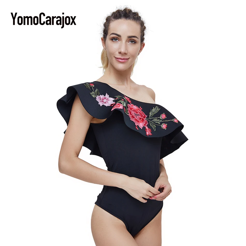 Women Swimwear One Piece Bikini Push Up Summer Sexy One Shoulder Off Beach Bathing Suit Floral Embroidery Flounce Swimsuit