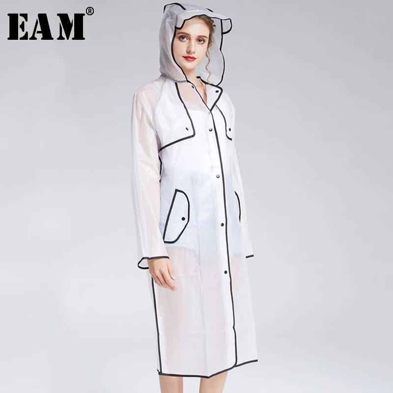[EAM] Новинка, четыре сезона, 4 цвета, однобортный прозрачный удобный практичный плащ с капюшоном, женская мода, LA815