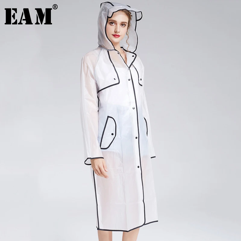 

[EAM] 2019 New Four Seasons 4 Color Hooded Single Breasted Transparent Convenient Practical Raincoat Women Fashion Tide LA815