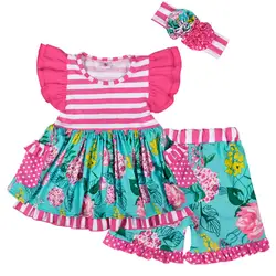 Новый стильный комплект одежды для девочек, детское платье в полоску с цветочным рисунком, топ с оборками, штаны с цветочным принтом