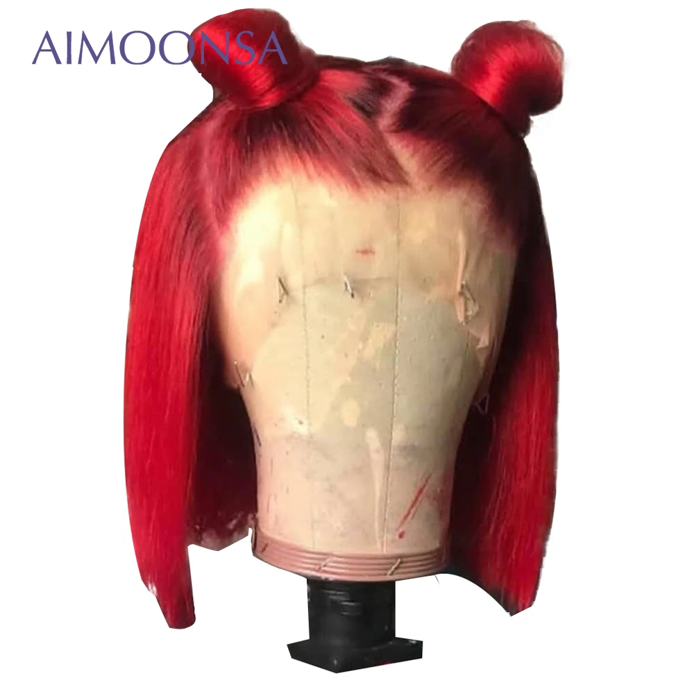 Красные человеческие волосы парики короткий боб парики 13x6 глубокая часть парик яркий цветной Кружева передние парики с детскими волосами Aimoonsa Remy бразильский