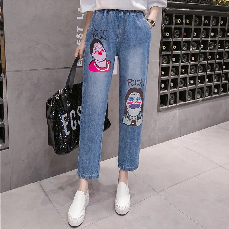 100Kg 5Xl Plus Size Women Jeans Elastic Waist Character Cartoon Print Jeans Casual Baggy High Waisted Mom Jeans Cintura Alta