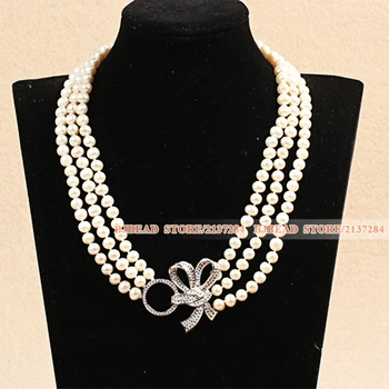 

Best Mother Gift Graceful Three Strands 7-8mm Natural White Freshwater Pearl Party Necklace With Rhinestone Bowknot Clasp