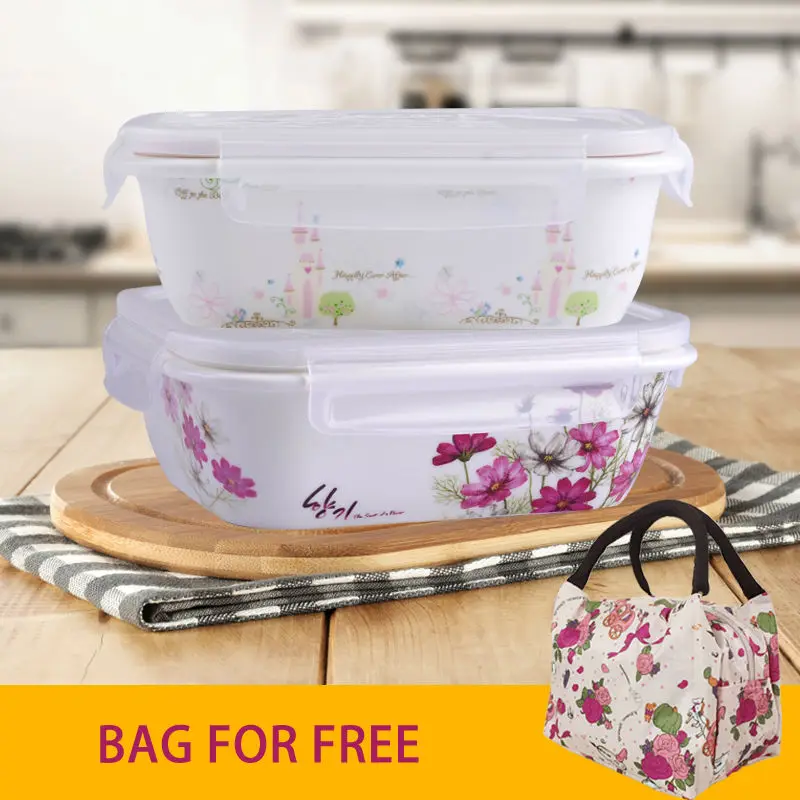 Ceramic lunch box food containers with 3 compartments korean lunch