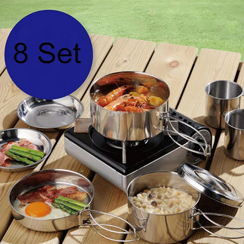 8Pcs/set Portable Stainless Steel Outdoor Picnic Pot Pan Kit Camping Backpacking Cookware Set  for Hiking Camping Travel