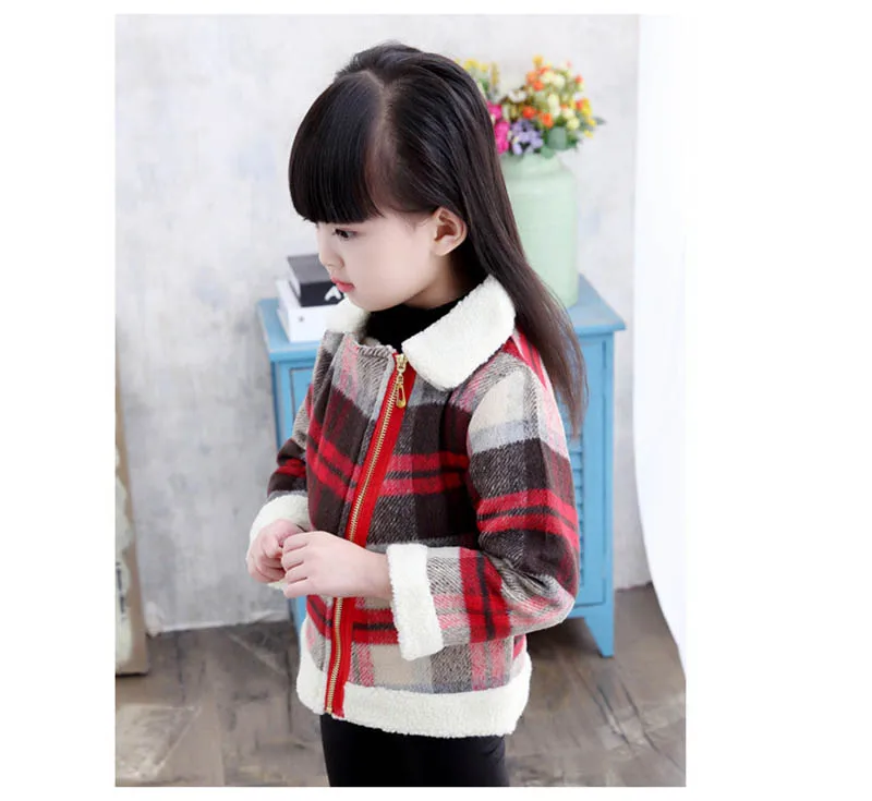Autumn fall plaid thicken woollen jacket for girls kids zipper casual coat for girl woolen coat for girls (4)