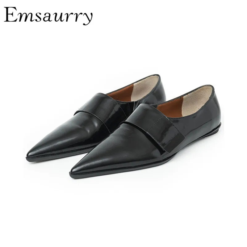 

2019 New Spring Autumn Flat Shoes Sexy Pointed Toe Black Genuine Leather British Style Casual Shoes Woman
