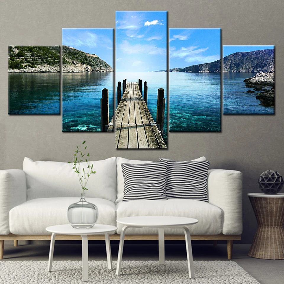 Canvas-Painting-the-Seascape-wood-bridge-lake-blue-sky-5-Pieces-Wall-Art-Painting-Modular-Wallpapers (1)