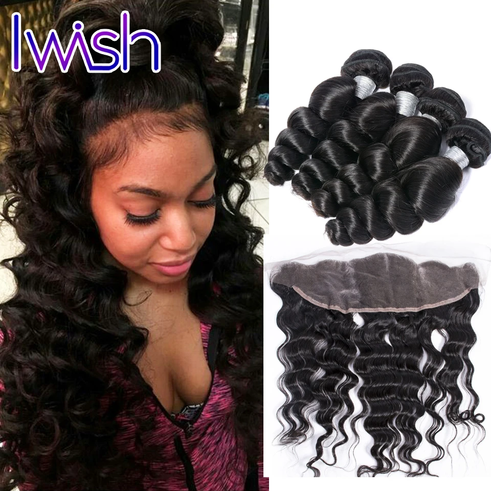 

Iwish 8A Grade Loose Wave Lace Frontal Closure With Bundles Human Hair 4Bundles With Frontal Brazilian Virgin Hair With Frontal