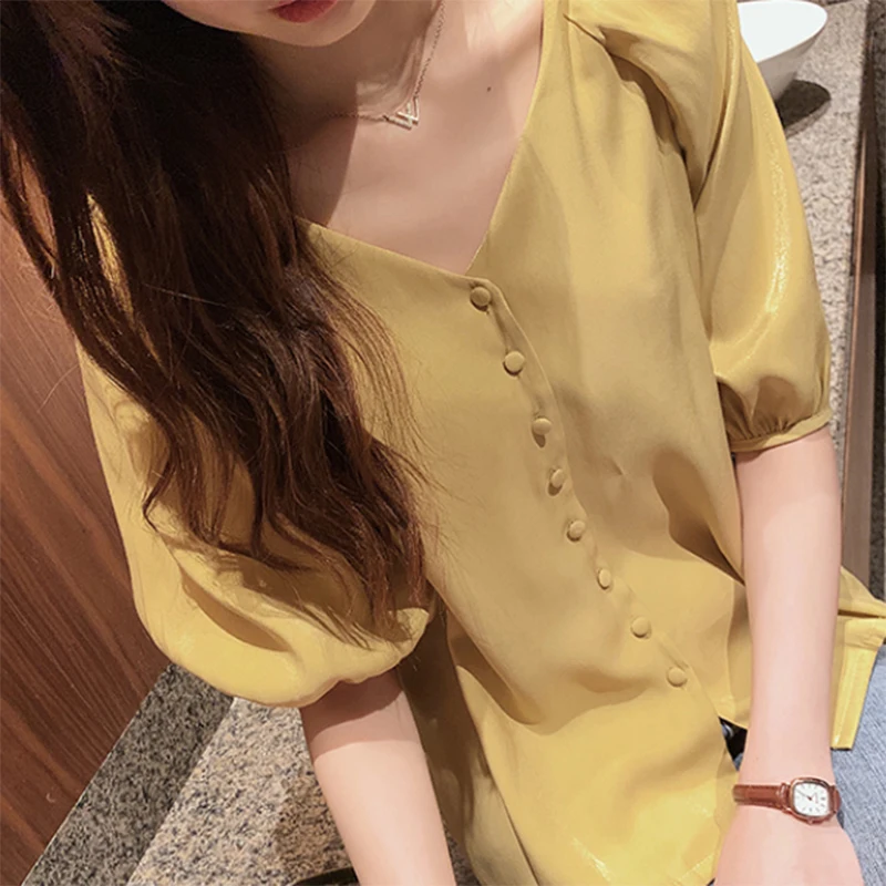 New Plus Size Women Sleeve Loose Blouse Casual Shirt Summer Chiffon Yellow White Red Button Shirts Tops