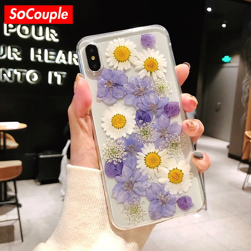 

SoCouple Dried Real Flower Handmade Clear pressed Case For iphone X Xs max XR 6 6S 7 8 Plus Phone Case Soft TPU Back Cover