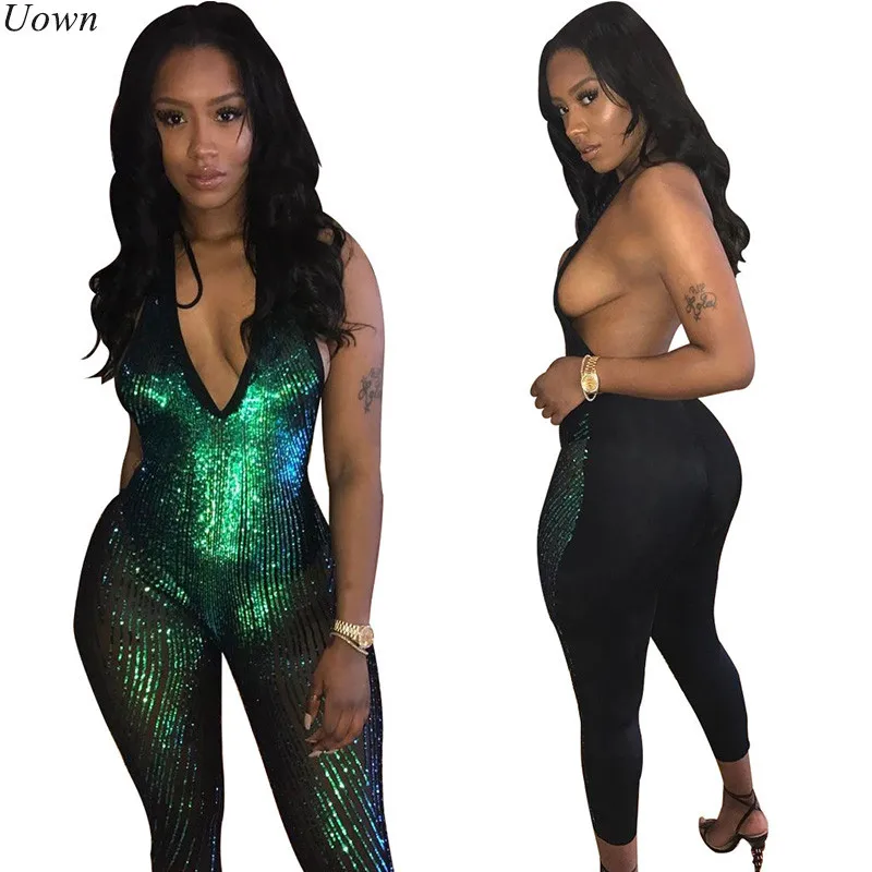 

New Women Sexy Halter Deep V Neck Sleeveless Glitter Jumpsuit Fashion Open Back Party Nightclub Sequined Jumpsuit Female Catsuit