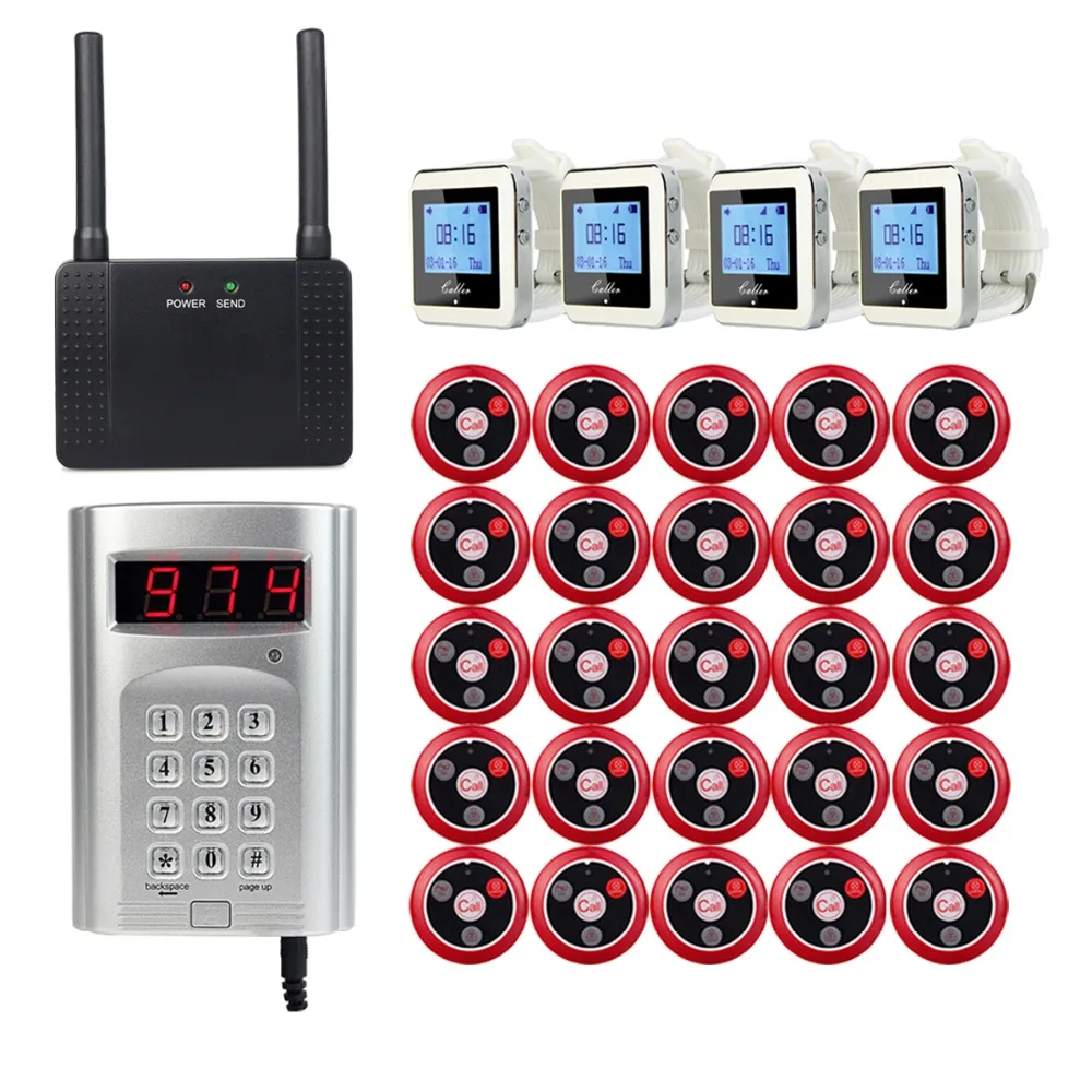 

Wireless Pager Calling System 1pcs Keyboard Call Button Transmitter+4pcs Watch Receiver+1pcs Signal Repeater+25pcs Call Button