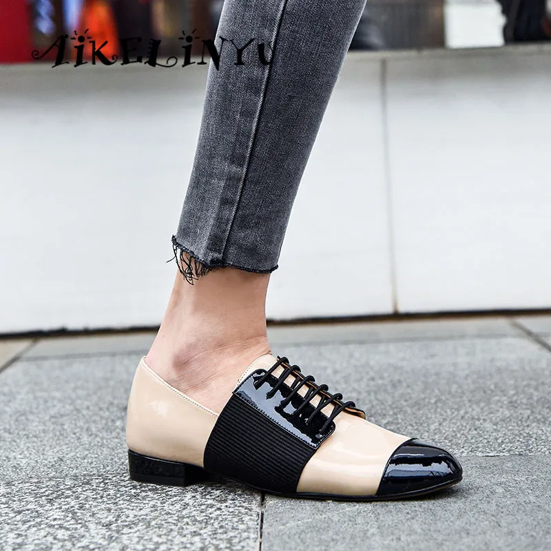 

AIKELINYU Brand Lady Casual Flats Mixed Colors Round Toe Patent Leather Slip on Flats High Quality Handmade Office Lady Shoes