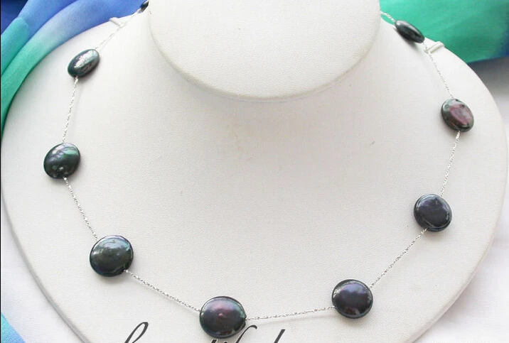 

free shipping >> LUSTER 18" 14mm black coin freshwater pearl silver necklace
