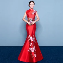 

free shipping New high-end women's wholesaleSatin Chinese cheongsam embroidered applique halter Slim fish tail summer dresses