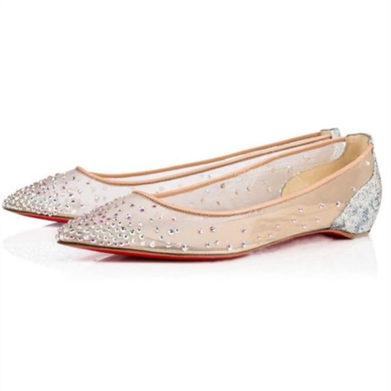 

Koovan Women's Flats Rhinestone Shoes 2019 Summer Increase Flat Bottom Mesh Point Fairy Sequined Wedding Shoes Crystal Girls