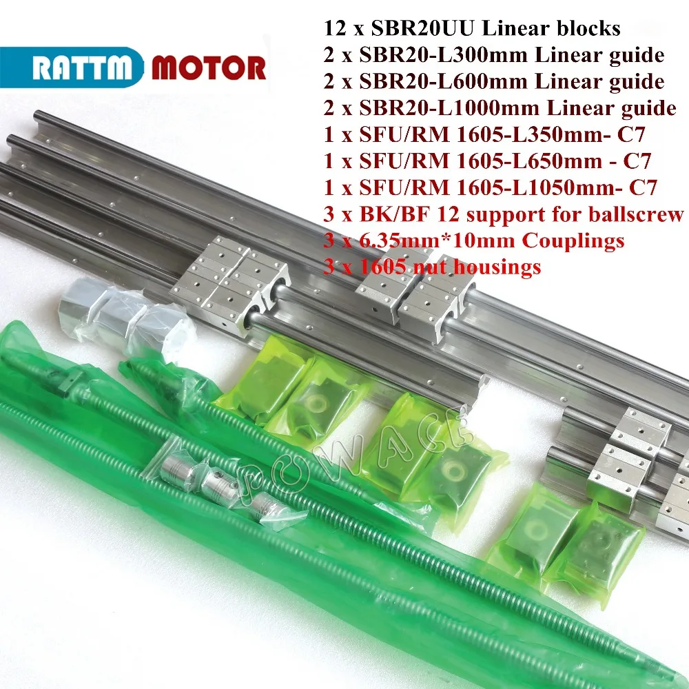 SBR20 Linearschiene Rail Kugelumlaufspindel SFU1605-350//650//1050mm BK//BF12
