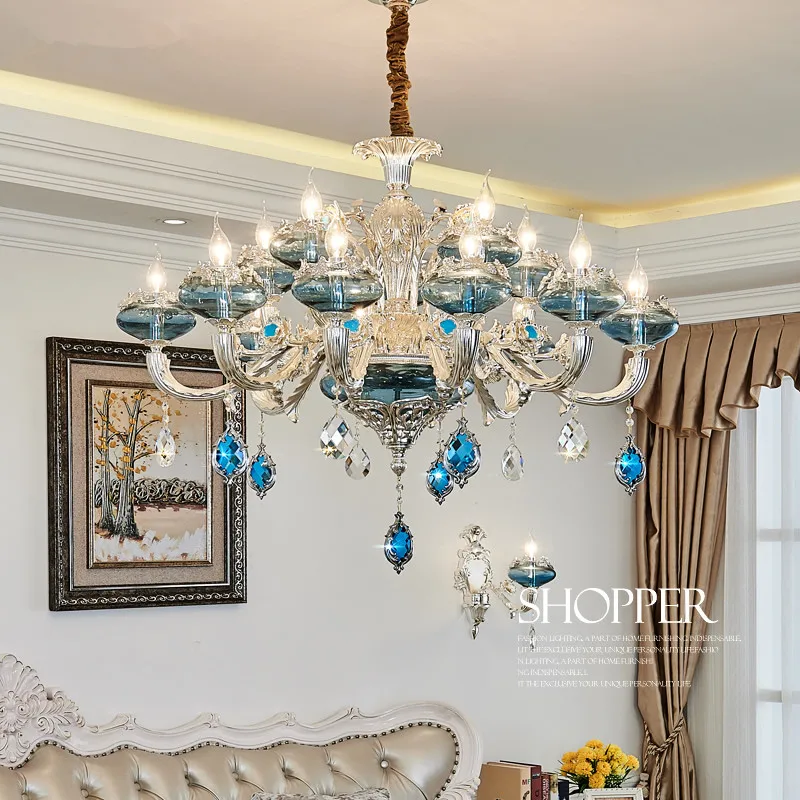 

New Luxury K9 Crystal Chandeliers Lighting Bule Candle LED Pendant Hanging Living Room Lustres De Cristal Lamp Fixtures