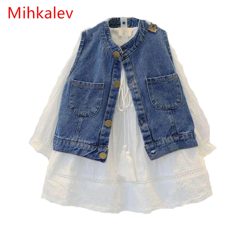 Mihkalev 2018 Весенняя Спортивная одежда для комплект одежды для девочек белое платье + джинсовый жилет Комплекты одежды для девочек из 2