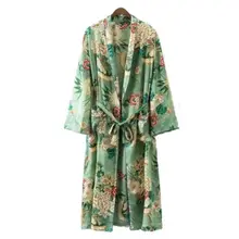 Винтажное этническое длинное японское кимоно с цветочным принтом, женские топы, v-образный вырез, длинный рукав, длинная блуза, повседневная для женщин