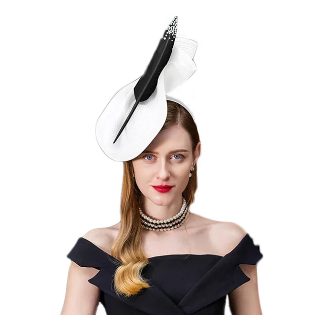 White Fascinator Hat FS вуалетки для женщин Элегантный Sinamay Pillbox шляпа винтажная церковная фетровая шляпа Черный Серый Дамы свадьба с пером Коктейльные шляпы - Цвет: White Fascinator Hat