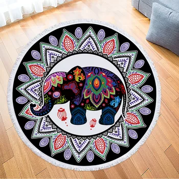 

150cm Bohemia Elephant Round Beach Towel Summer Ethnic Animal Printing Tassel Tapestry Plush Yoga Mat Travel Picnic Outdoor Pads
