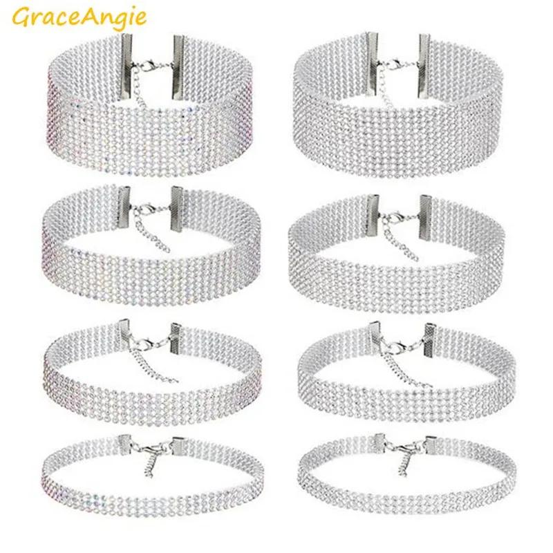 

GraceAngie 1pc Shiny Rhinestone Transparent Colorful Optional Silver Color Alloy Chain Choker Necklace Women Party Accessories