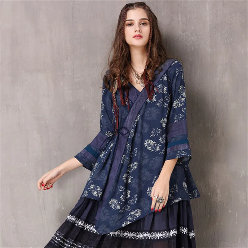 

Vintage Floral Print Blouse 2018 Spring Irregular bow-tie Blouse shirt Cotton V neck Women Shirt Patchwork Sleeve Blusa Feminina