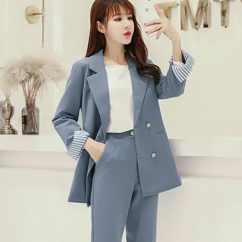

2019 new ladies business office suit work suit High quality elegant double row blazer Slim fit women pant suit Jacket set