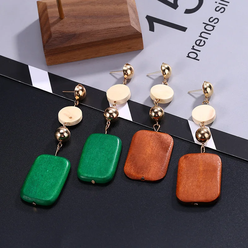 Hot Sale Long Earrings Bijoux Round Wood Earring Square Dangle Drop For Women Wedding Bohemian Jewelry Brincos | Украшения и