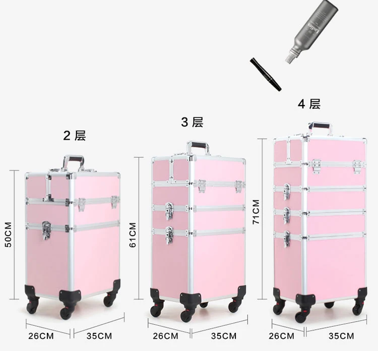 Роскошный многослойный Профессиональный чемодан на колесиках для макияжа, портативный косметический чемодан на колесиках, для дизайна ногтей, тату, косметический чемодан для путешествий