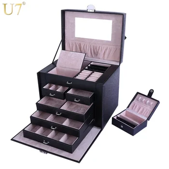 

U7 Jewelry Storage Organizer Drawers Box Black Big Makeup Cosmetic Case & Mirror PU Leather Wedding Decoration Gift For Her OB09
