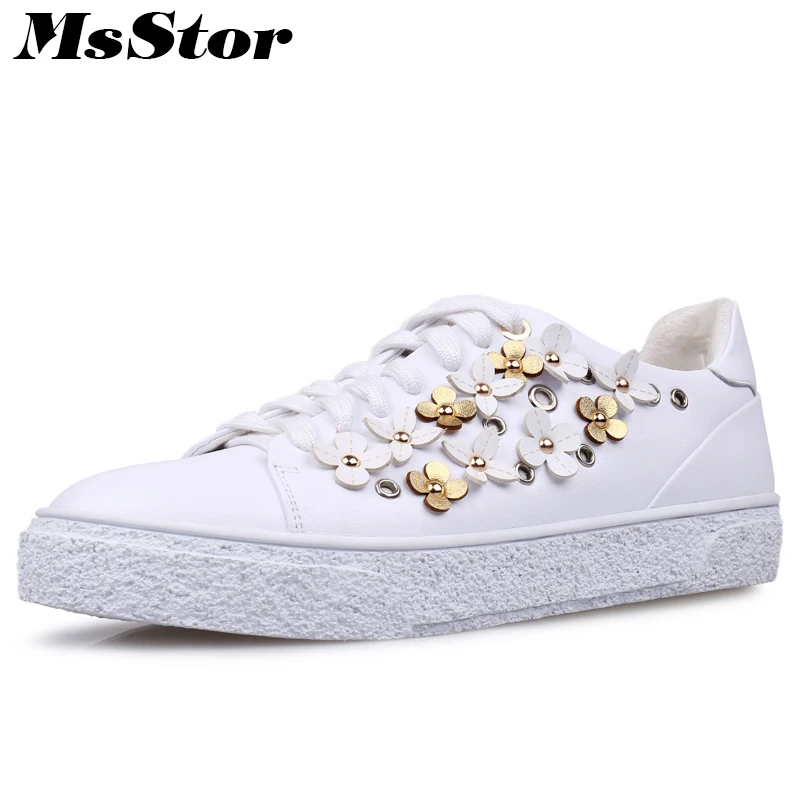 

MsStor Women Flats Fashion Flower Rivet Flat Shoes For Woman 2018 New Arrive White Flat Shoes Genuine Leather Flats For Girl