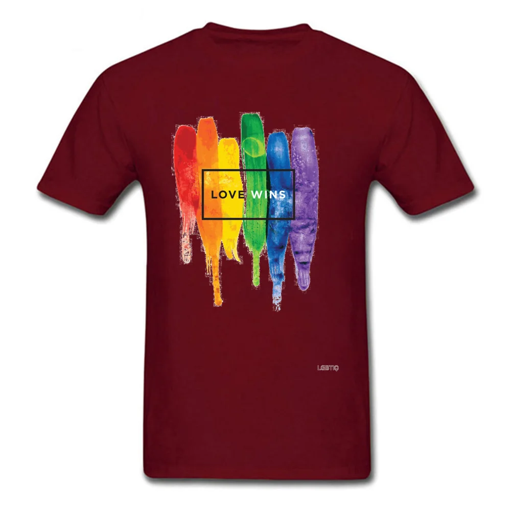 Newest Watercolor-LGBT-Love-Wins-Rainbow-Paint-Typographic T-shirts Autumn O-Neck 100% Cotton Tees for Men T Shirt Customized Watercolor-LGBT-Love-Wins-Rainbow-Paint-Typographic maroon