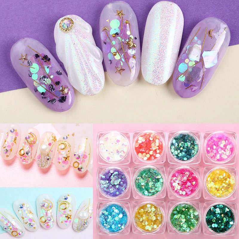 

Round Shapes Confetti Nail Sequins 12 Colors Multi-size Paillette Flakies Colorful Manicure Nail Art Decoration