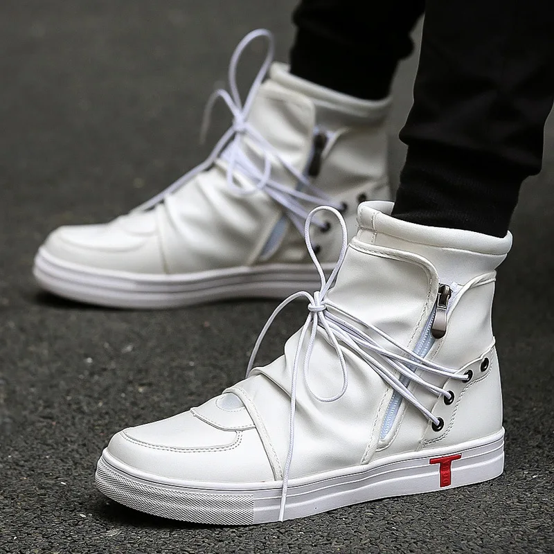 SWYIVY Men Sneakers White Shoes High Top 2019 Spring New Male Flat Casual Shoes PU Leather Black Sneakers Men Lacing Up Size 44