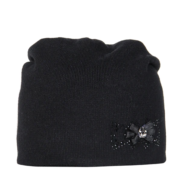 Мягкая вязаная шапочка из хлопка, женские Стразы, бант, Шапочка-бини с цветочным узором, шапка для дам, зимняя теплая простая шапка, Женская Элегантная шляпка - Цвет: Black
