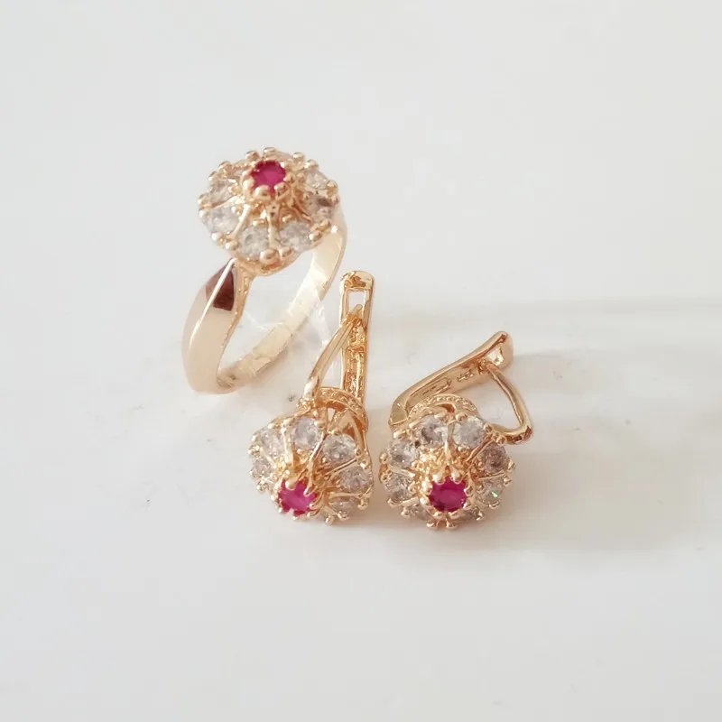 1Set/lot New 2016 585 Gold Wedding Jewelry Sets Bridal Jewelry Purple Zircon Women 585 Gold Earring +Ring Bridal Jewelry Set