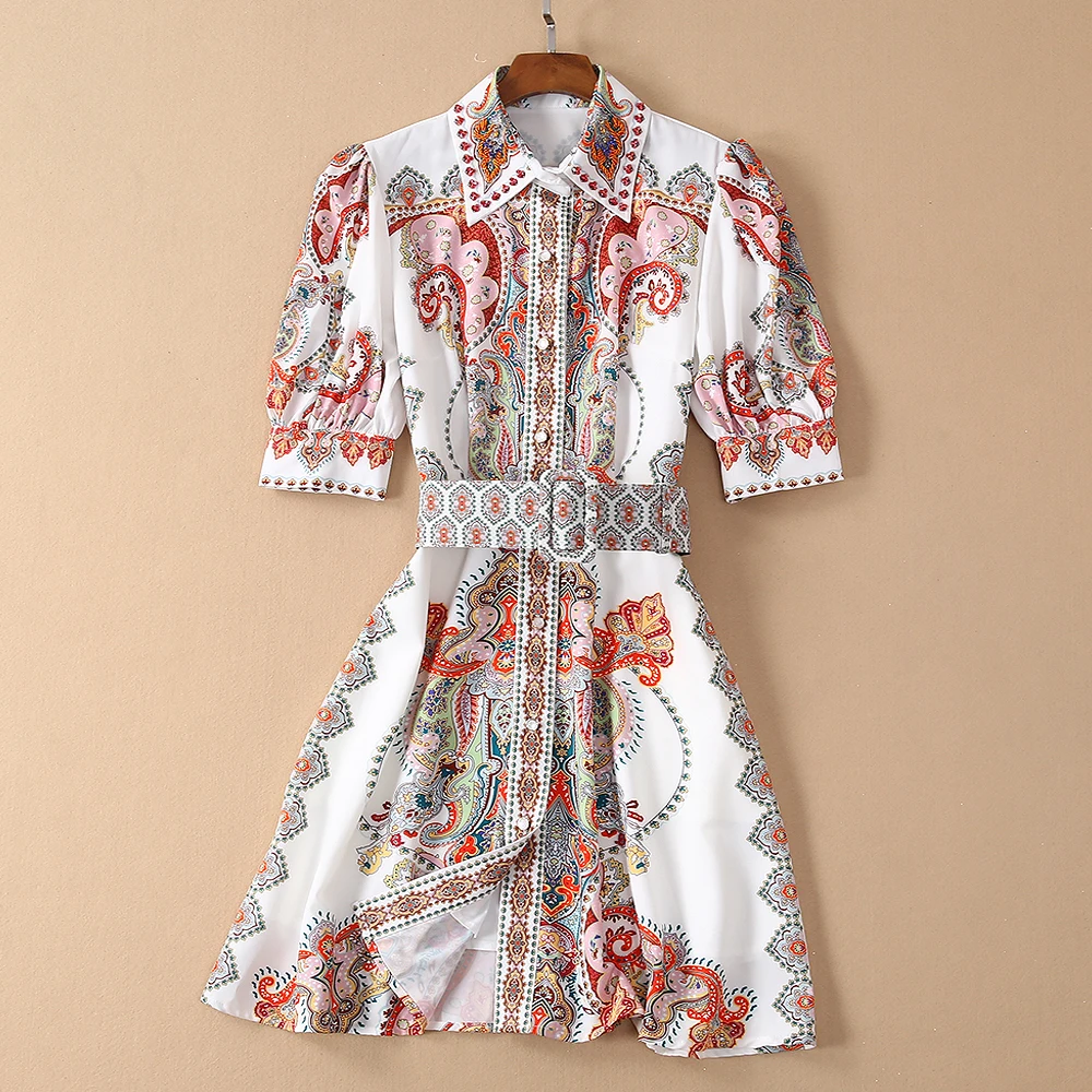 

Red RoosaRosee Runway Summer Women Elegant Floral Print Crystal Beads Puff Sleeve Party Mini Dress Vestidos Robe Femme + Belt