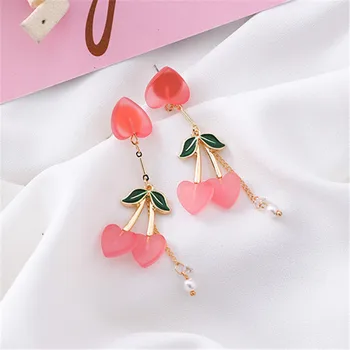 

Cherry stud earrings Han edition contracted pure fresh sweet pink cherry tassel earrings pink acrylic pearl earrings for woman