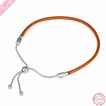 

Interchangeable End Caps Sliding Golden Tan Leather Charm Bracelets for Women 925 Sterling Silver Jewelry PL902