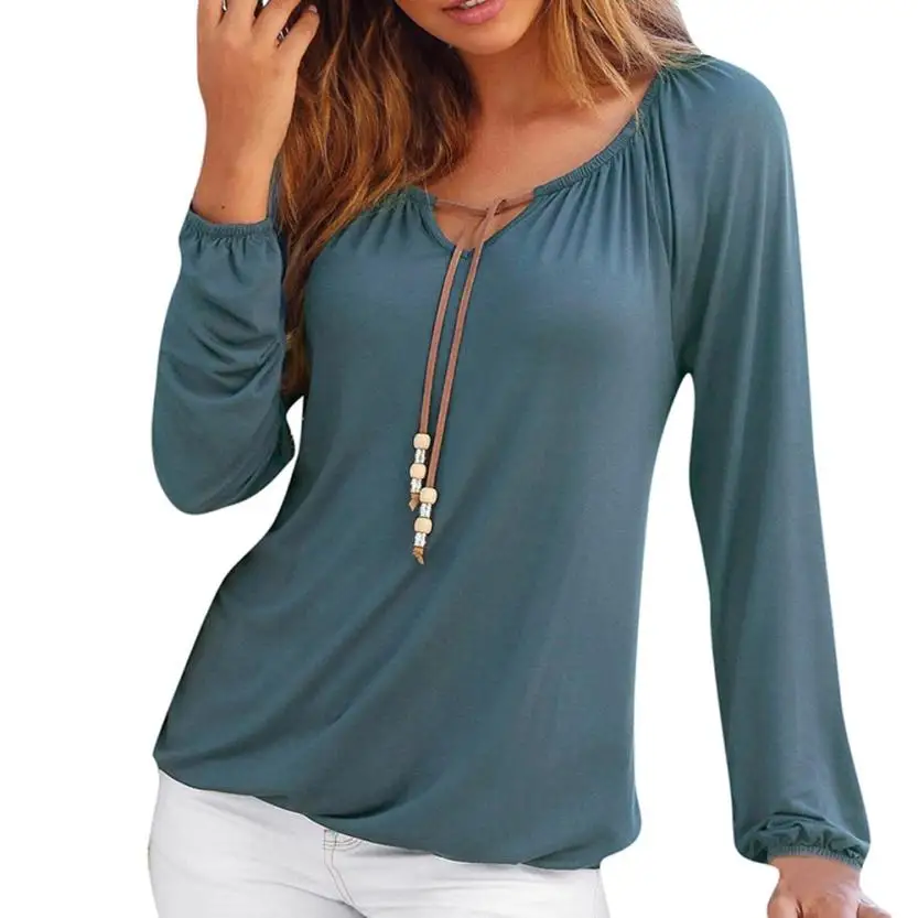 

Autumn Summer Women Boho V Neck Solid Tops Bowknot Long Sleeve Shirt Casual Loose Comfort Shirt Ropa Femininas Drop Ship#GHC