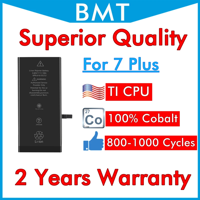 

BMT 10pcs/lot Superior Quality work with IOS 11.4/12 2900mAh Battery for iPhone 7 7G Plus 7P replacement 100% Cobalt Cell TI CPU