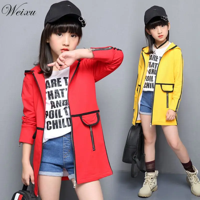 

Windbreaker for Kids Girls Autumn Korean Hooded Long Trench Coat Children's Jacket Teenage Clothes for Girls 6 8 10 12 Years Old