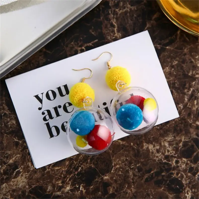 

2018 Korean Transparent Round Pompom Fur Ball Drop Earrings for Women Party Charm Jewelry Gift Pendientes