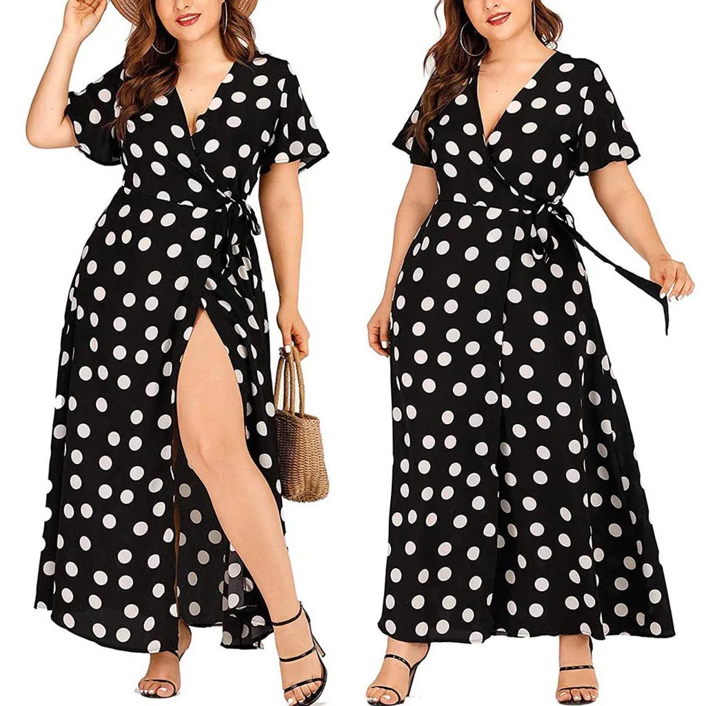 

Summer Chiffon Dress Polka Dot Boho Beach Dress Vintage Ruffles Short Sleeve Party Belt Dress Sundress Vestidos Plus Size #30